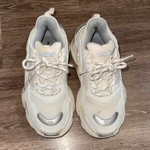 Balenciaga Triple S Cream and Silver Sneakers